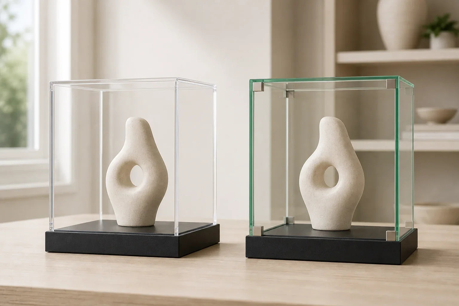 Side-by-side acrylic and glass display cases containing identical sculptures