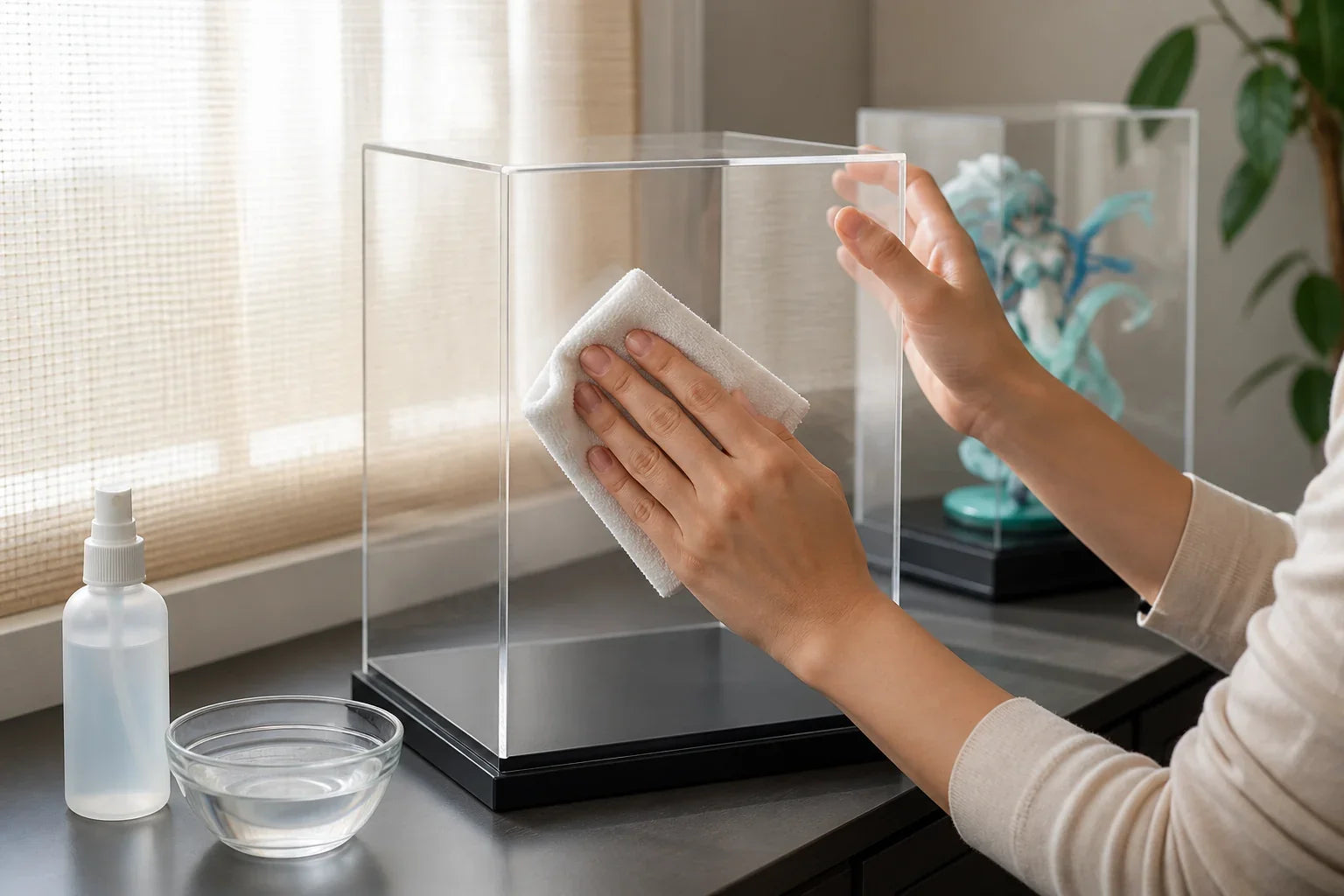 Cleaning a clear acrylic display case with a soft damp microfibre cloth