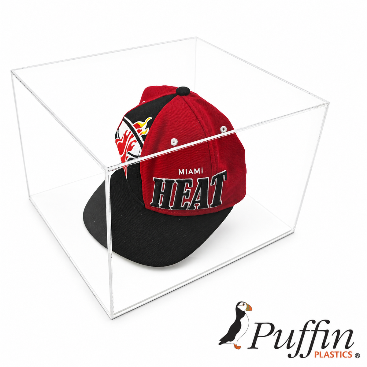 Cap Display Case with white acrylic base on a white background