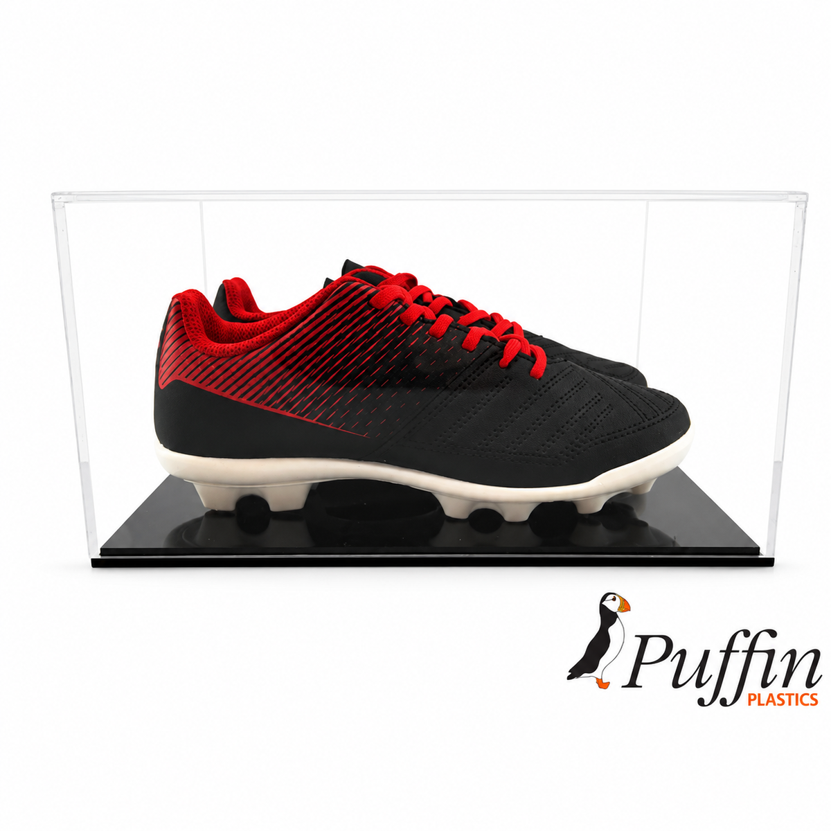 Child Football Boot Display Case (Double) side view with black base on a white background