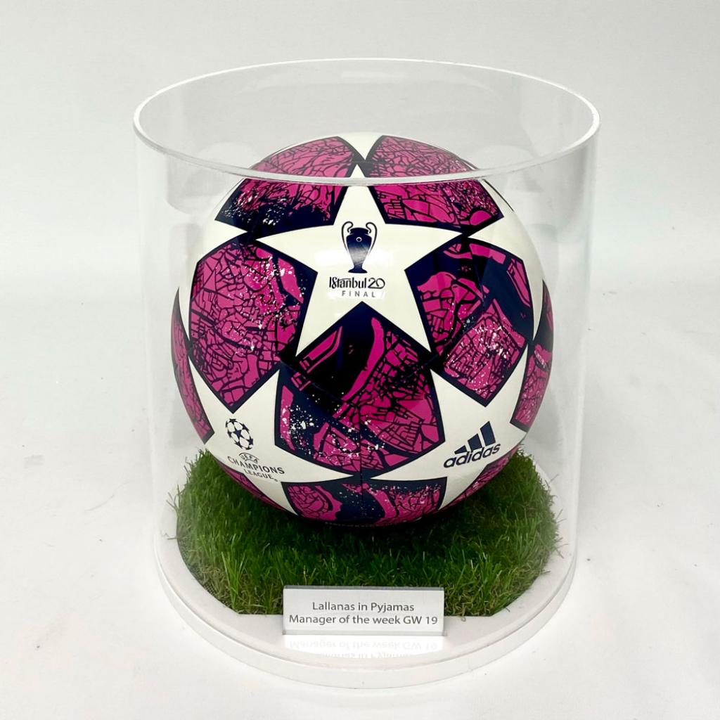 Cylindrical Football Display Case - Grass Effect Base – additional product view