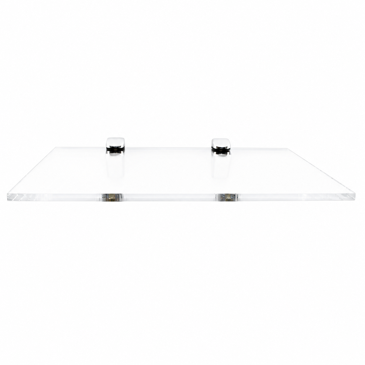 Wide clear acrylic wall shelf with two fixings on a white background