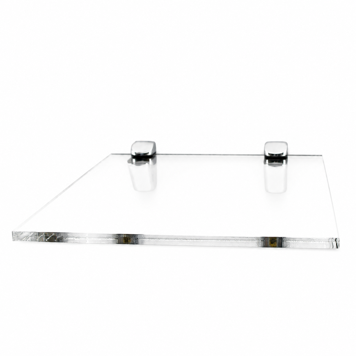 Clear acrylic wall shelf with two fixings on a white background