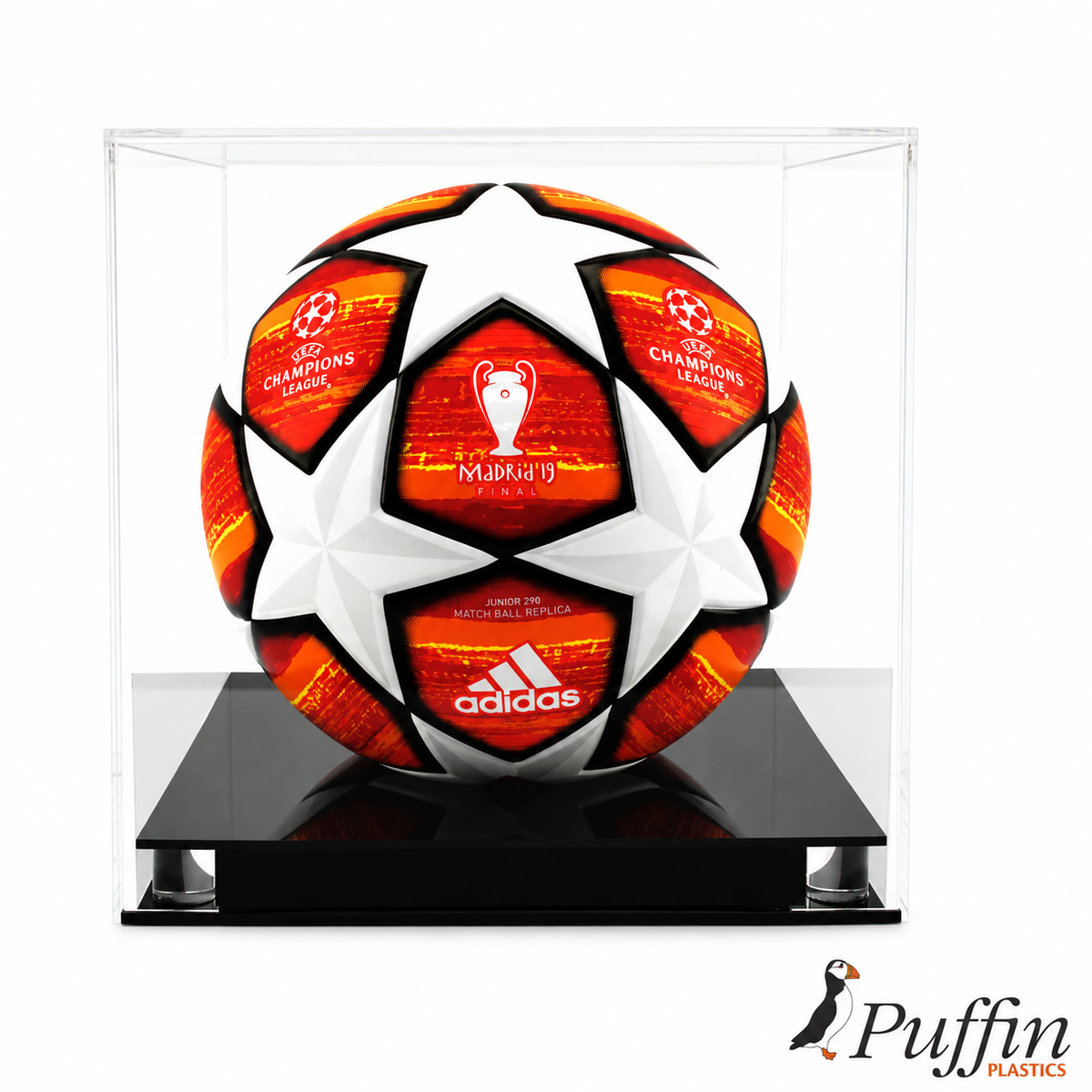 Football Display Case - Superior Base front view with black raised base on a white background