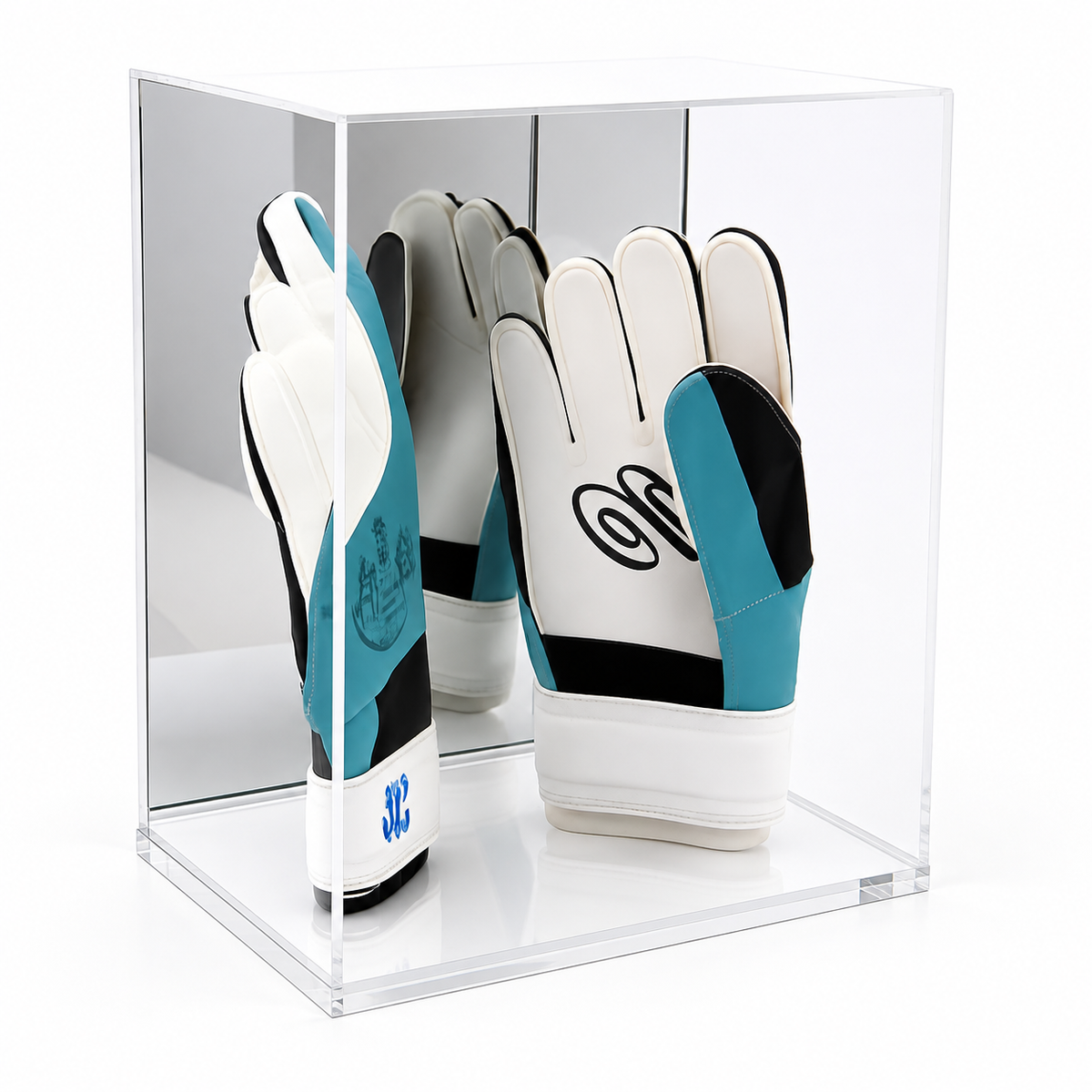 Goalkeeper Glove Display Case With Mirror Back and clear acrylic base