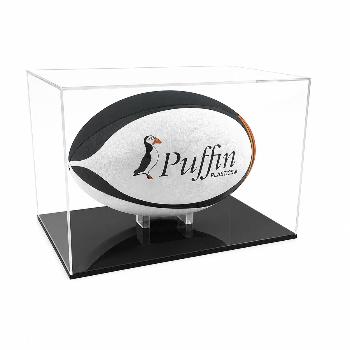 Rugby Ball Display Case (Landscape) with black acrylic base on a white background