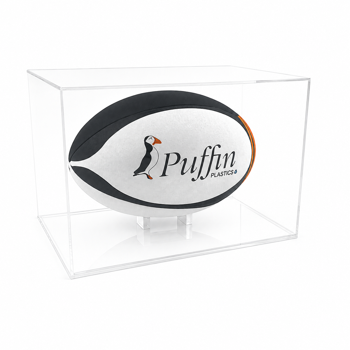 Rugby Ball Display Case (Landscape) with clear acrylic base on a white background
