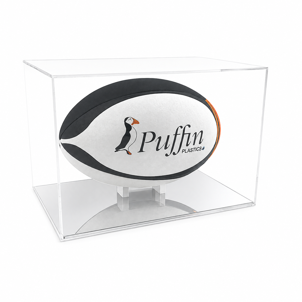Rugby Ball Display Case (Landscape) with silver mirror acrylic base on a white background