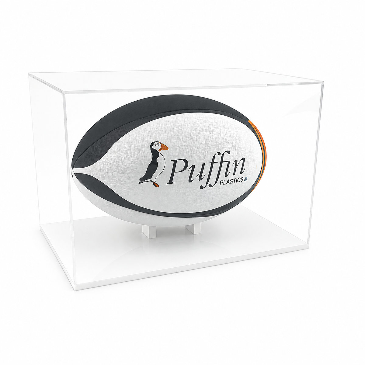 Rugby Ball Display Case (Landscape) with white acrylic base on a white background