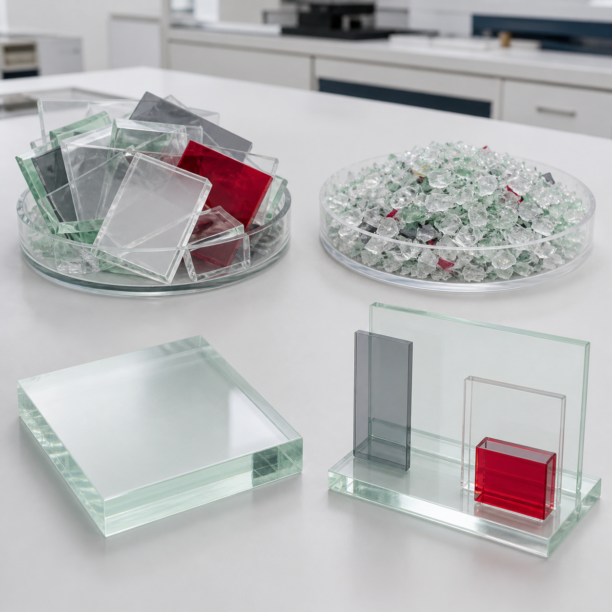 Clean acrylic offcuts, recycled flakes, sheet and finished material samples