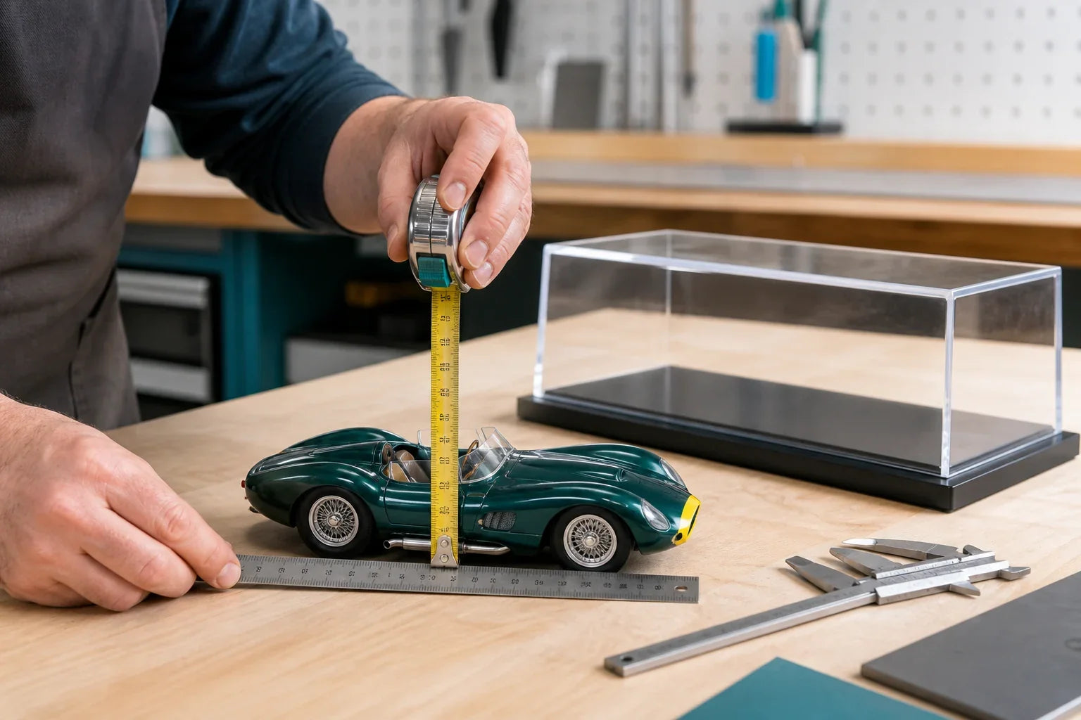 Craftsperson measuring a model before making a custom acrylic display case