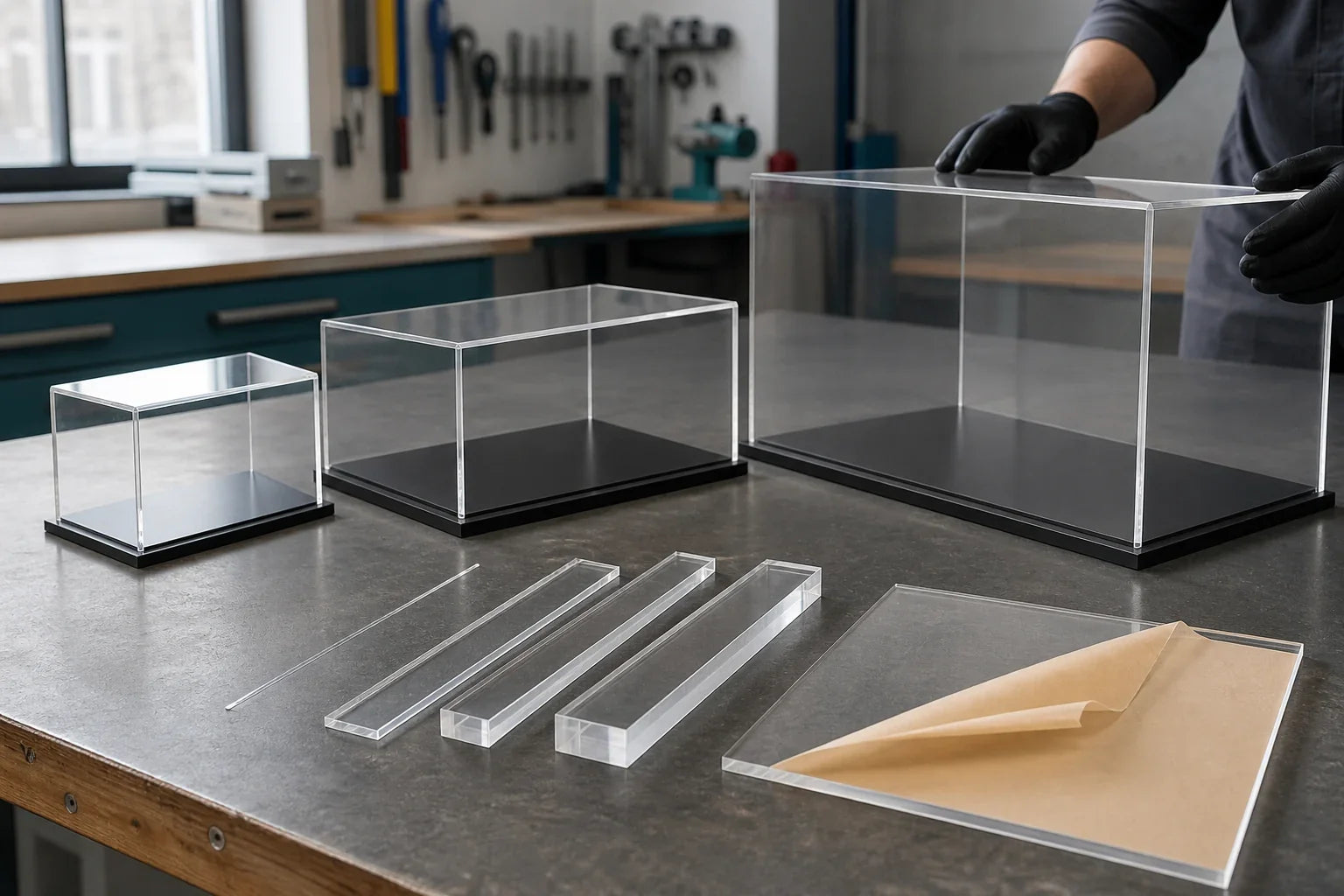 Clear acrylic display cases and polished samples showing different material thicknesses