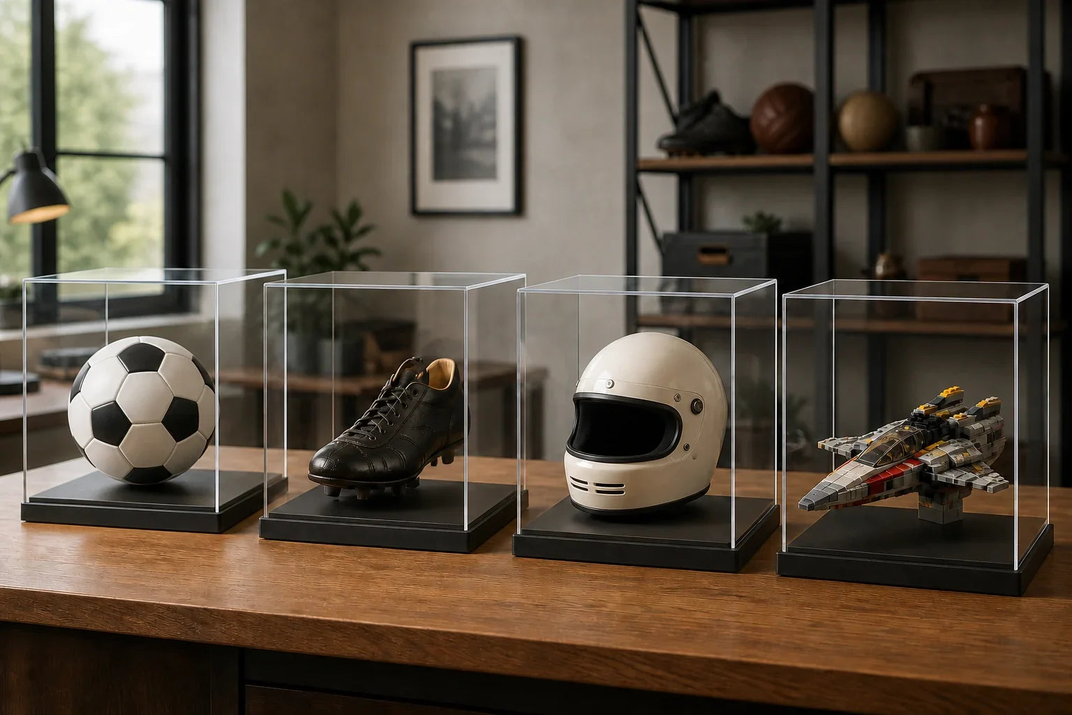 Acrylic cases with clearance around a football, boot, helmet and brick-built model