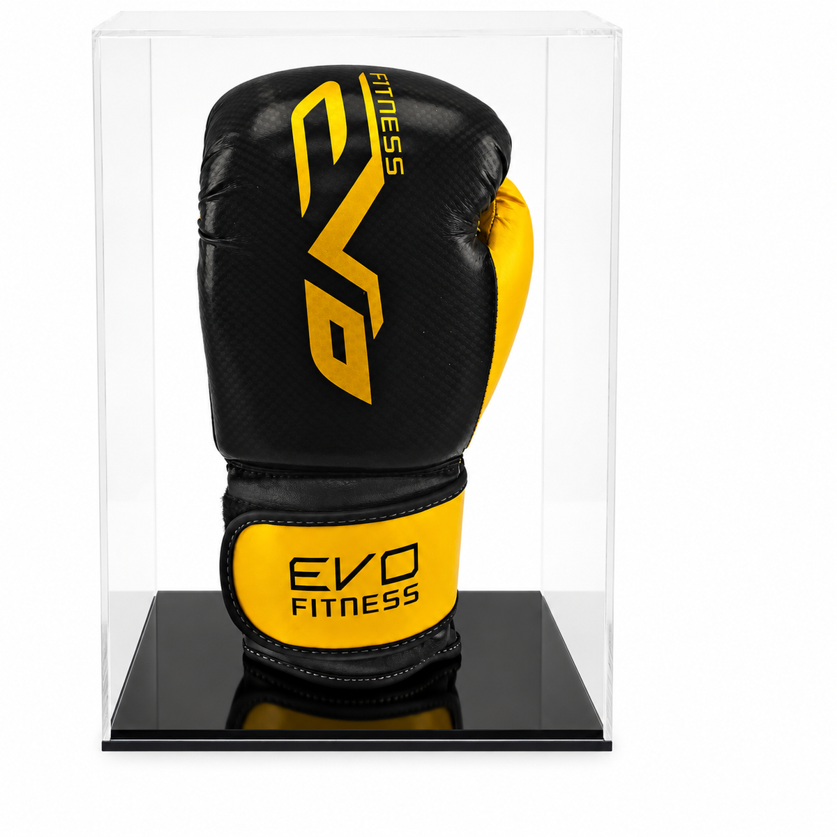 Boxing Glove Display Case - Single Portrait with black acrylic base on a white background