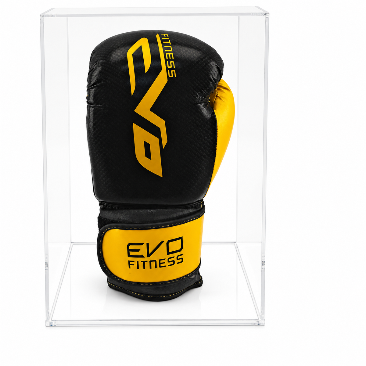 Boxing Glove Display Case - Single Portrait with transparent clear acrylic base on a white background