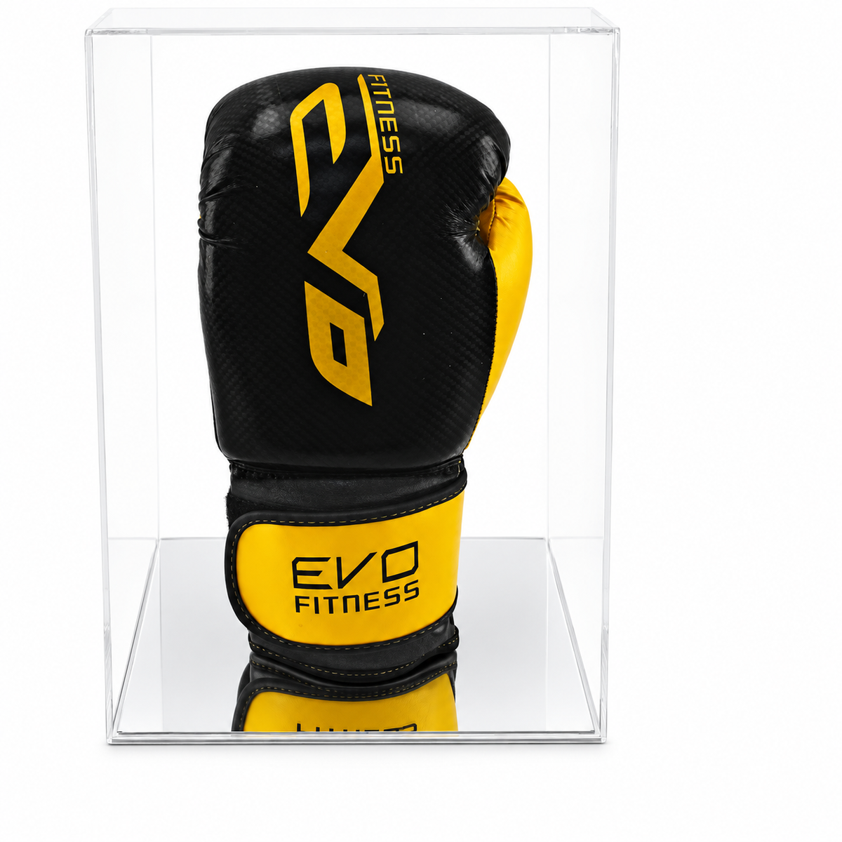 Boxing Glove Display Case - Single Portrait with silver mirror base on a white background