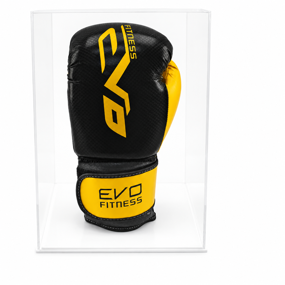 Boxing Glove Display Case - Single Portrait with white acrylic base on a white background