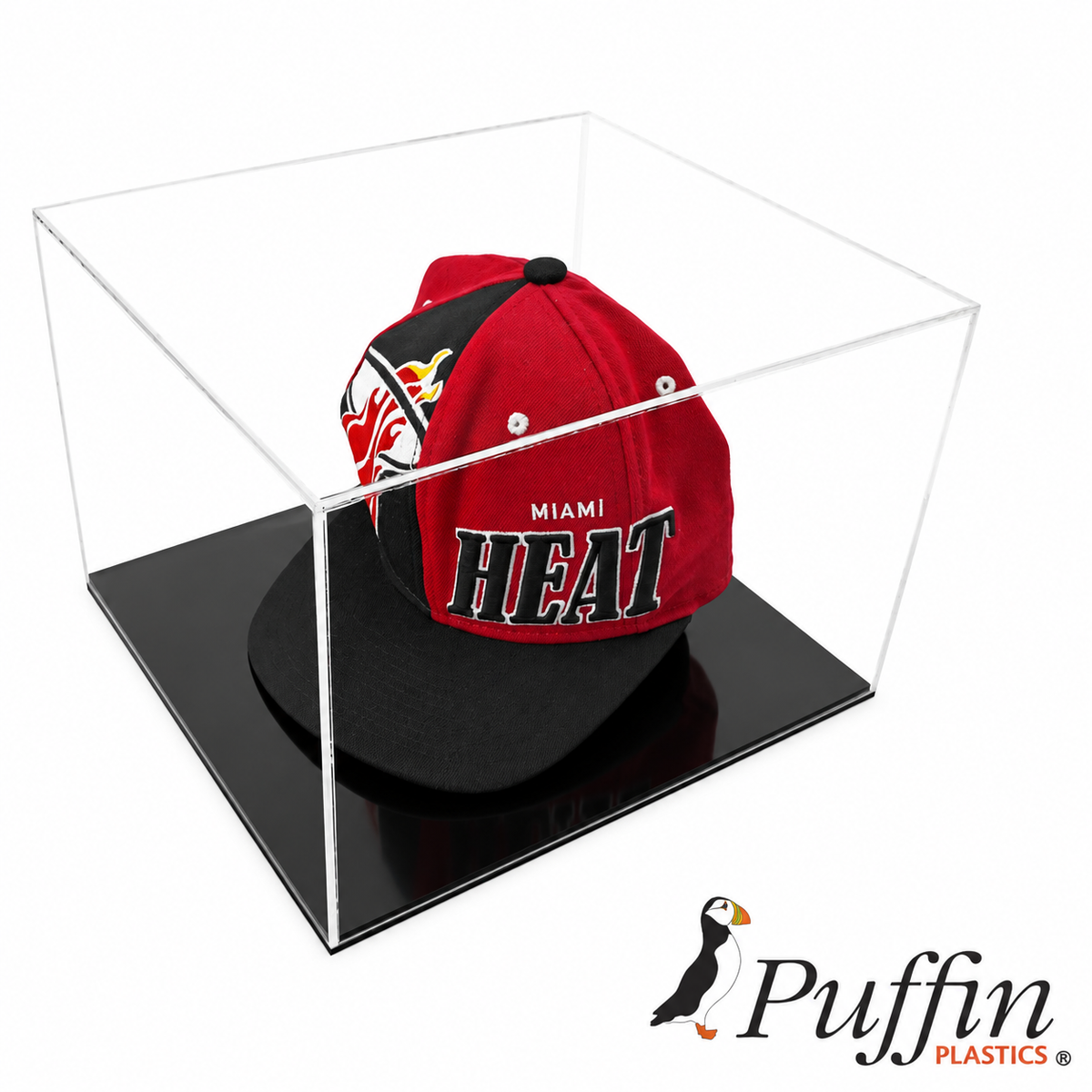 Cap Display Case with black acrylic base on a white background