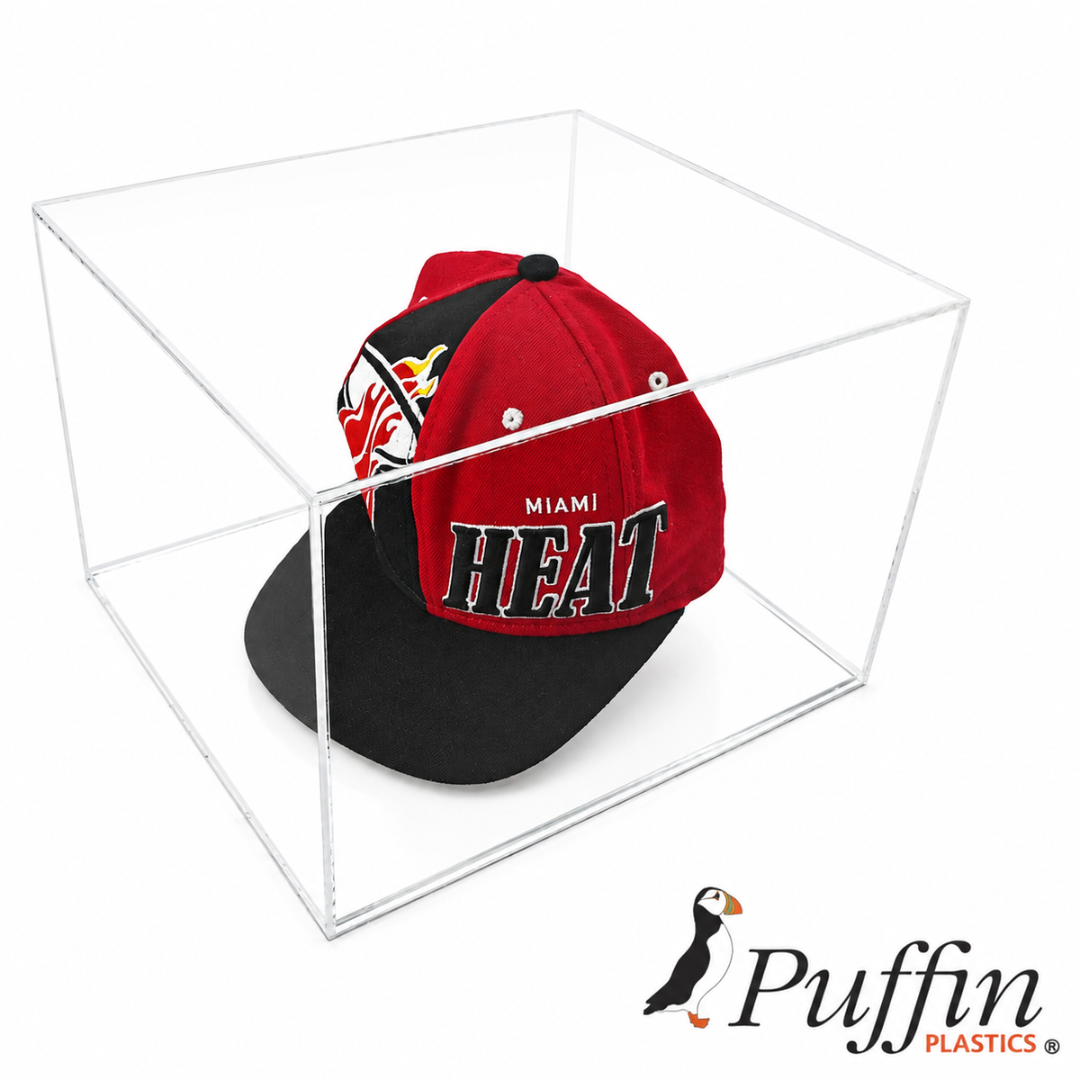 Cap Display Case with clear acrylic base on a white background