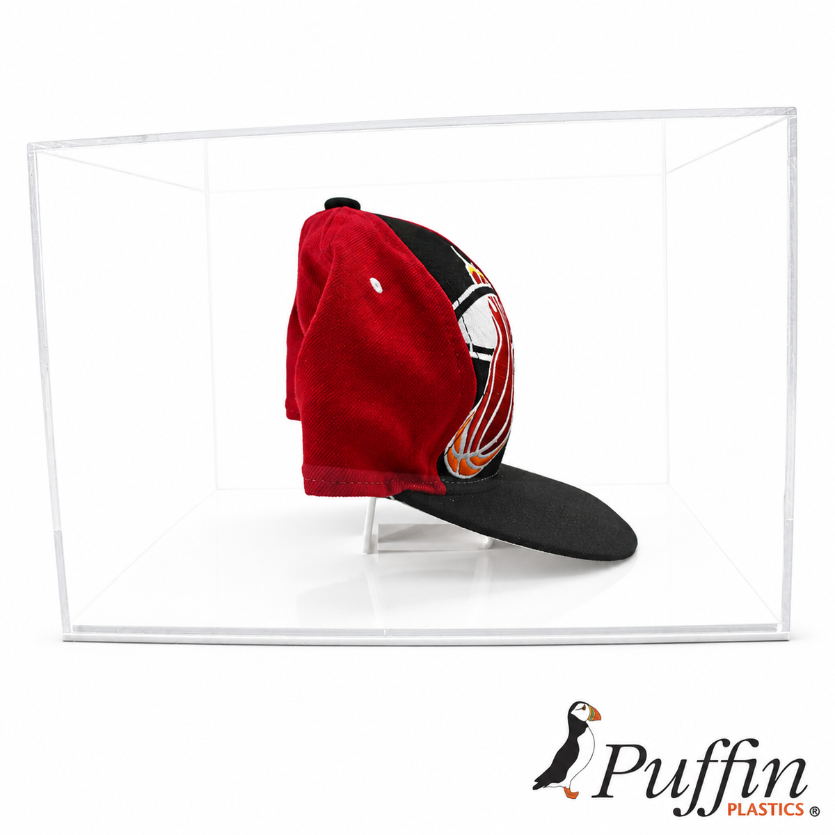 Cap Display Case side view with white acrylic base on a white background
