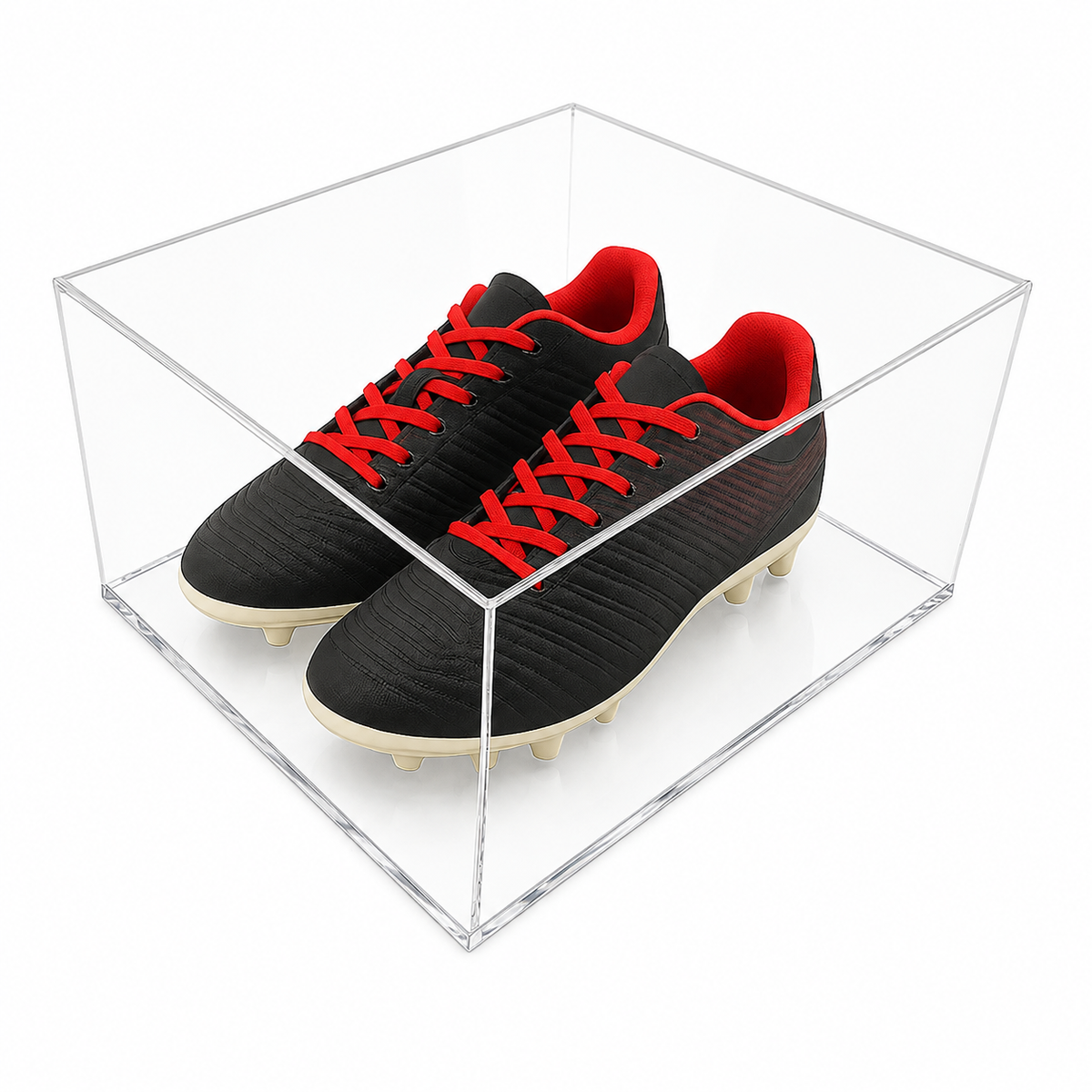 Child Football Boot Display Case (Double) with clear acrylic base on a white background