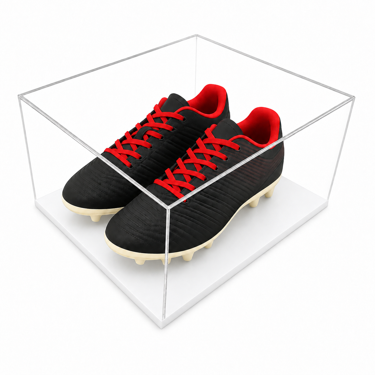 Child Football Boot Display Case (Double) with white acrylic base on a white background
