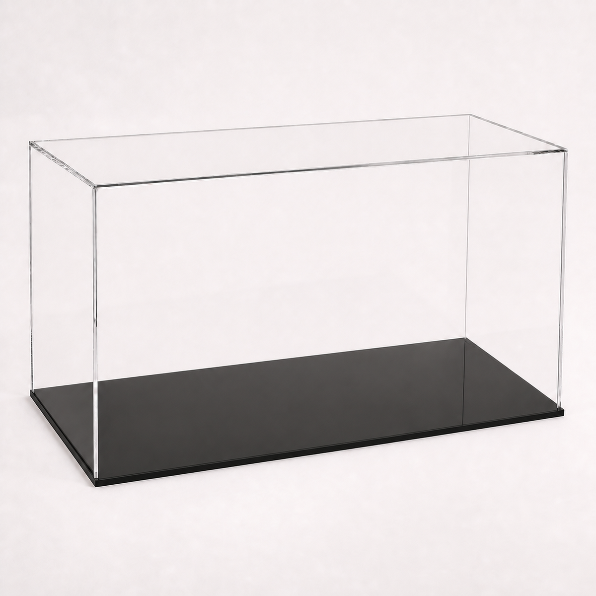 Large clear acrylic display case with a flush 5mm black base and open-edge rebate