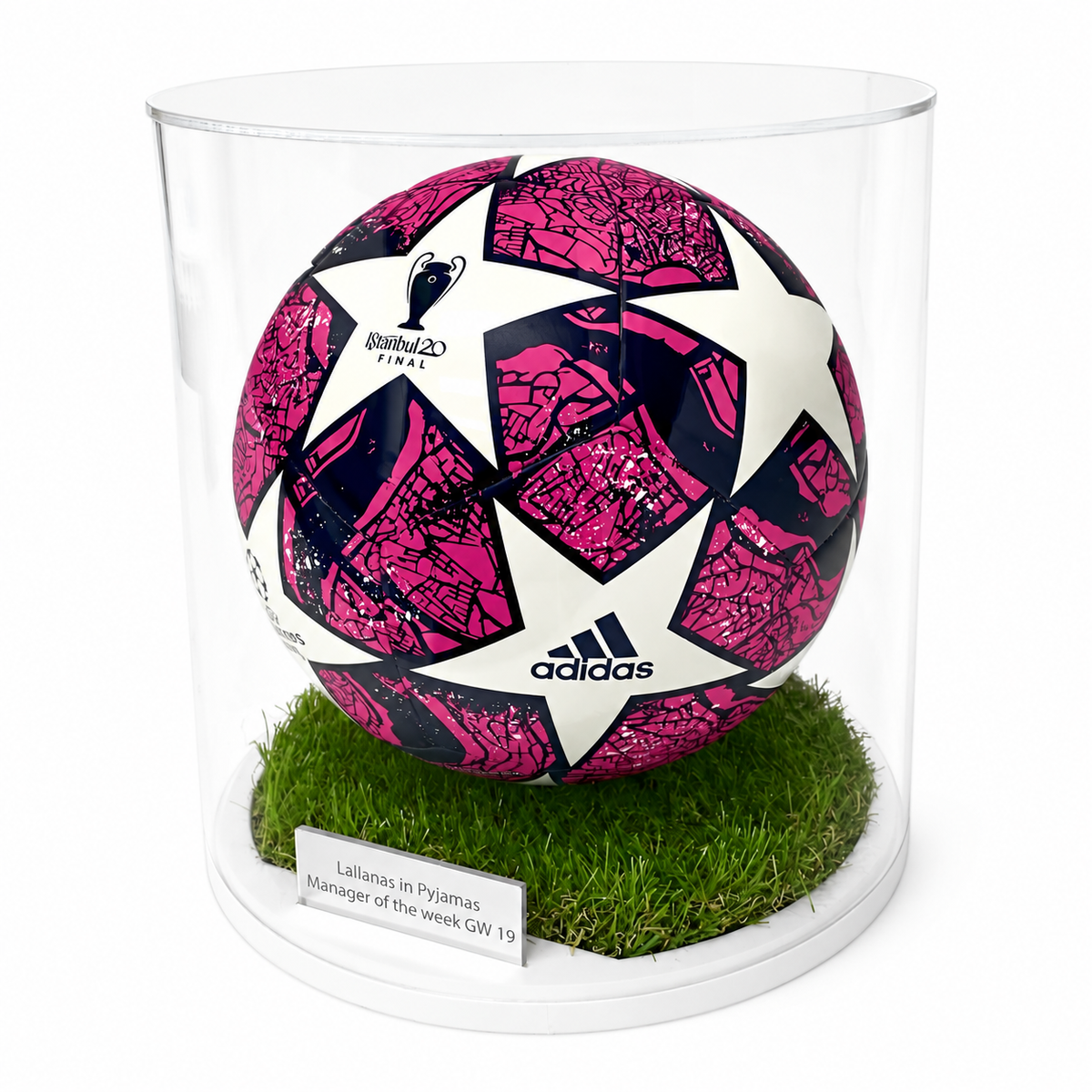 Cylindrical Football Display Case - Grass Effect Base, angled view on a white background