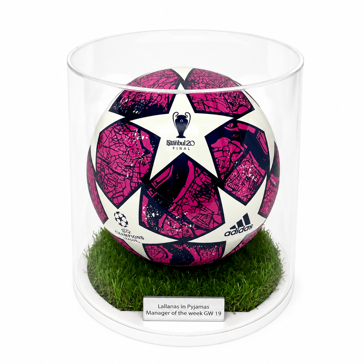 Cylindrical Football Display Case - Grass Effect Base, elevated front view on a white background