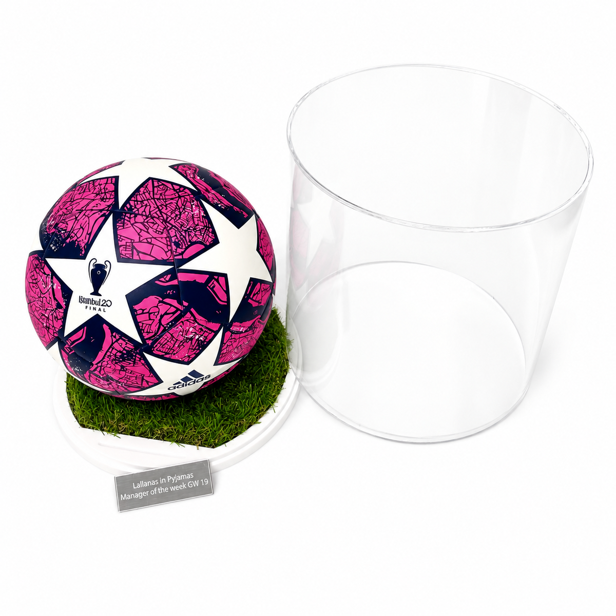 Cylindrical Football Display Case - Grass Effect Base with cover removed on a white background