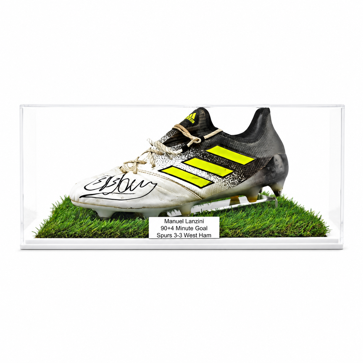Football Boot Display Case (Double) with grass effect base and signed boot on a white background