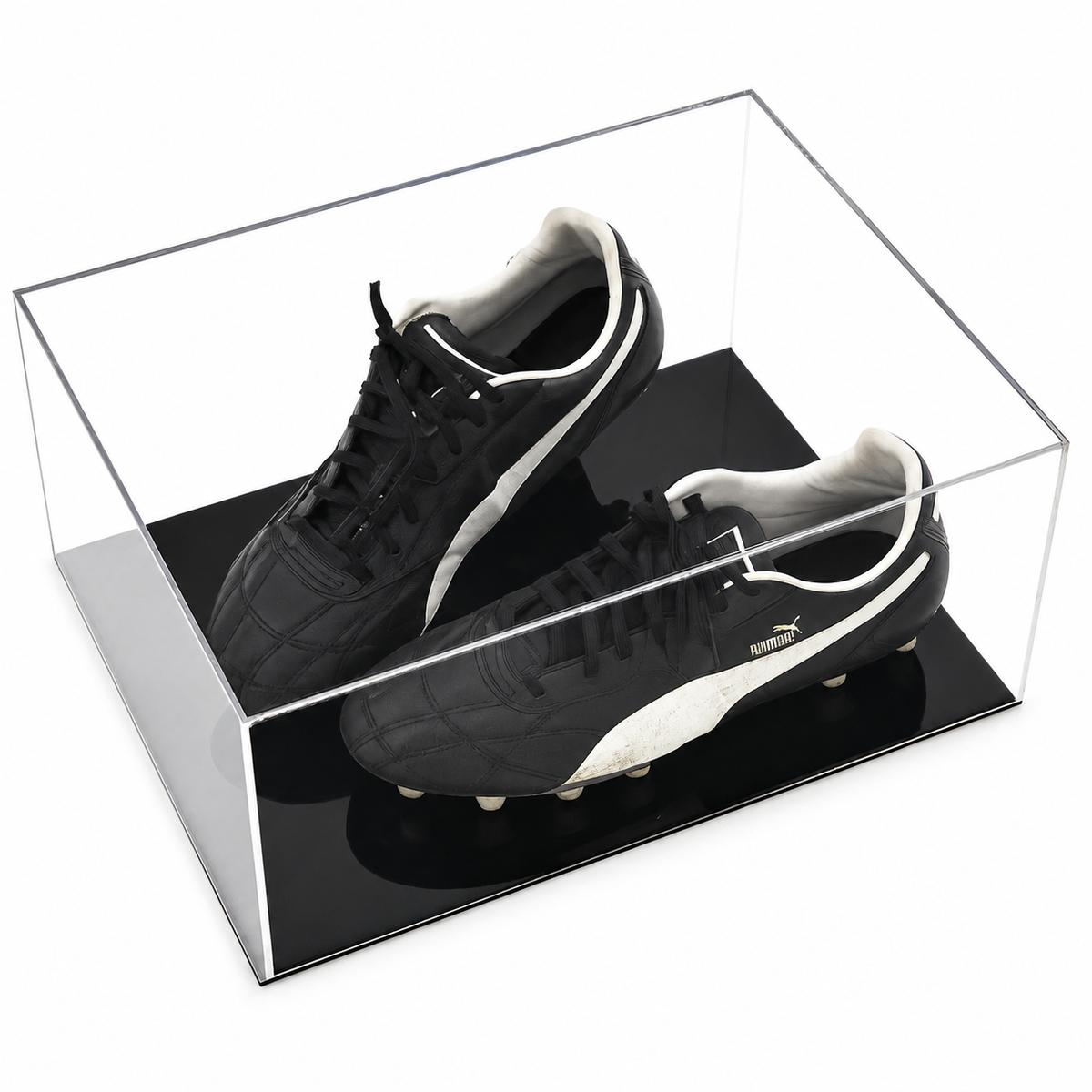 Football Boot Display Case (Double) with black acrylic base on a white background
