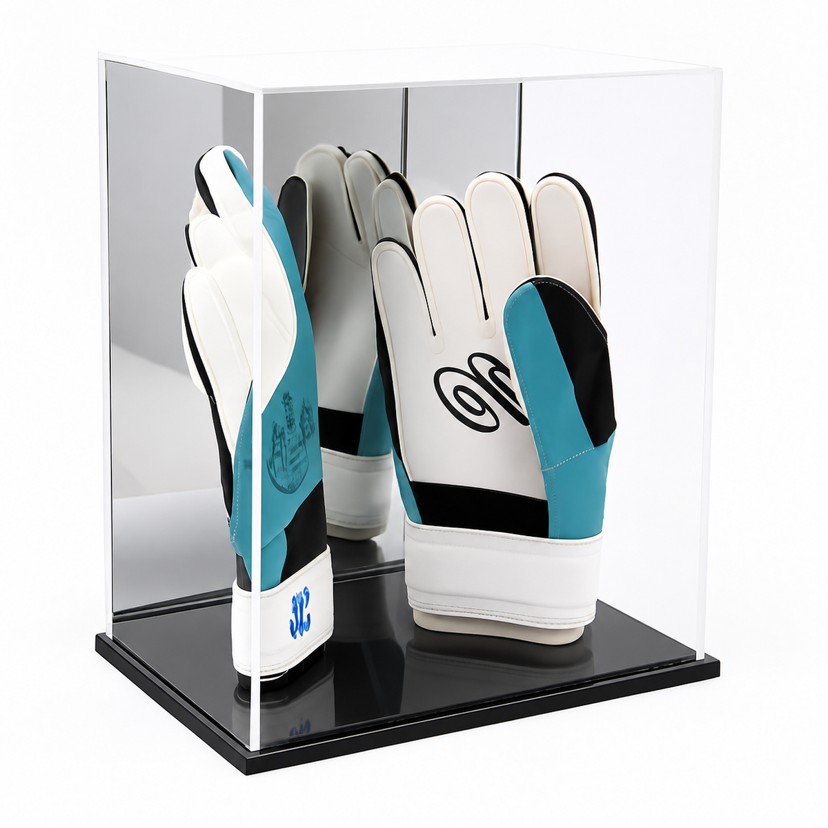 Goalkeeper Glove Display Case With Mirror Back and black acrylic base