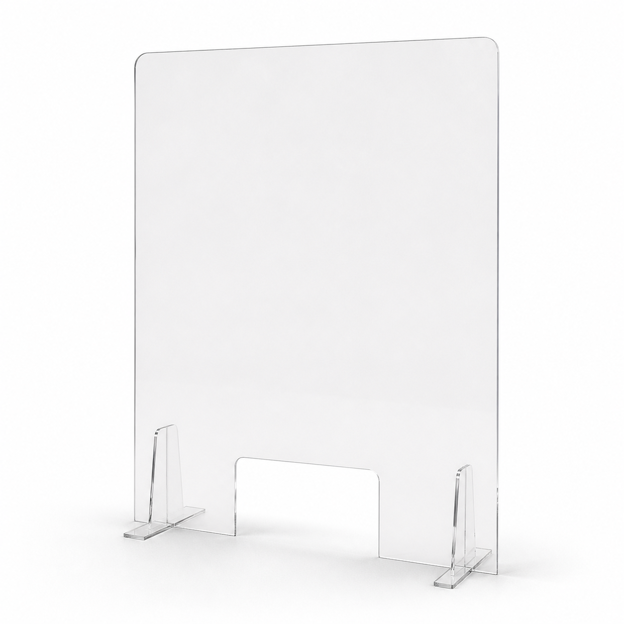 Clear acrylic protective screen 914mm high by 610mm wide with transaction cut-out and two feet