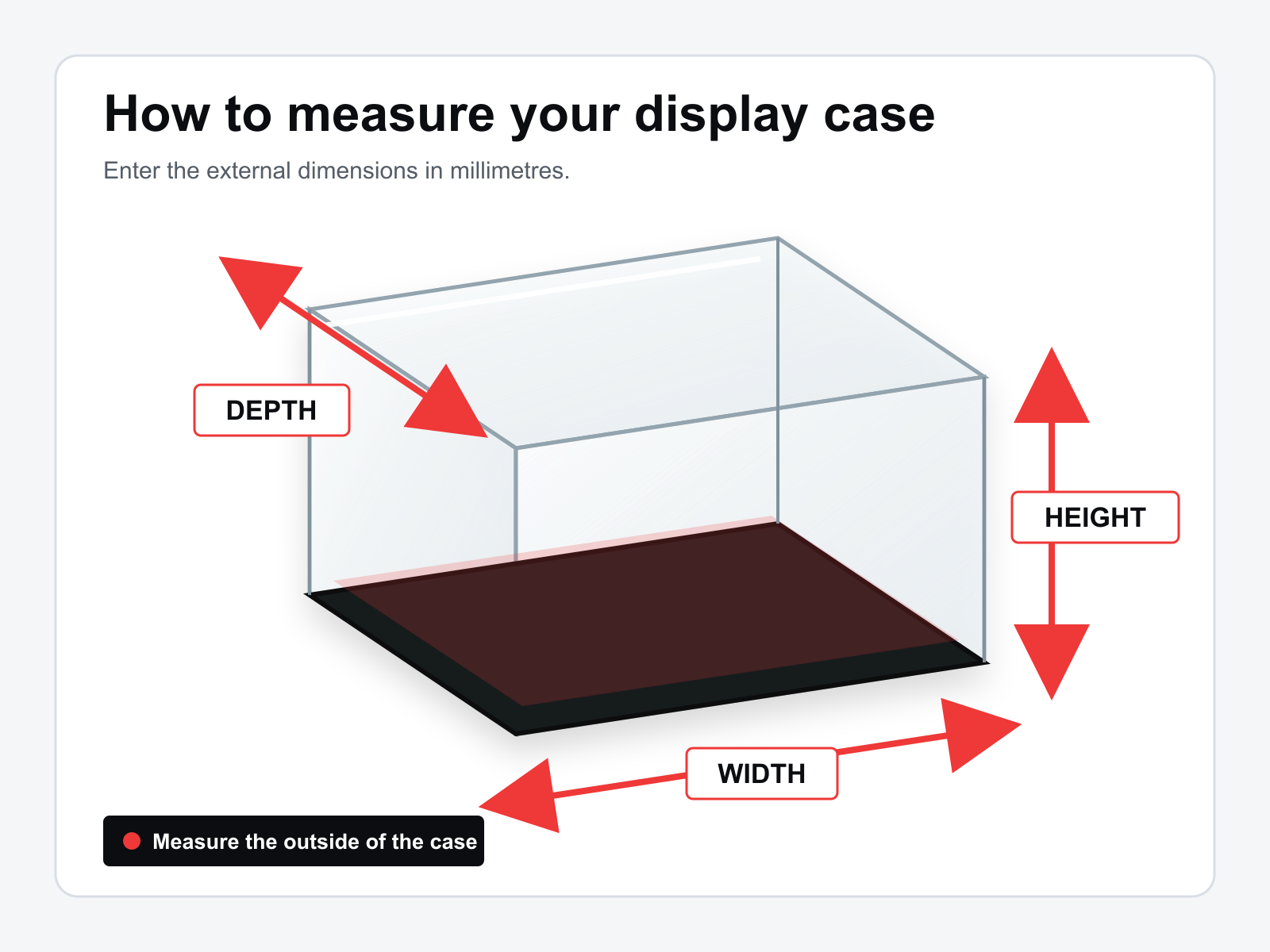 How to measure the external width, height and depth of a bespoke acrylic display case