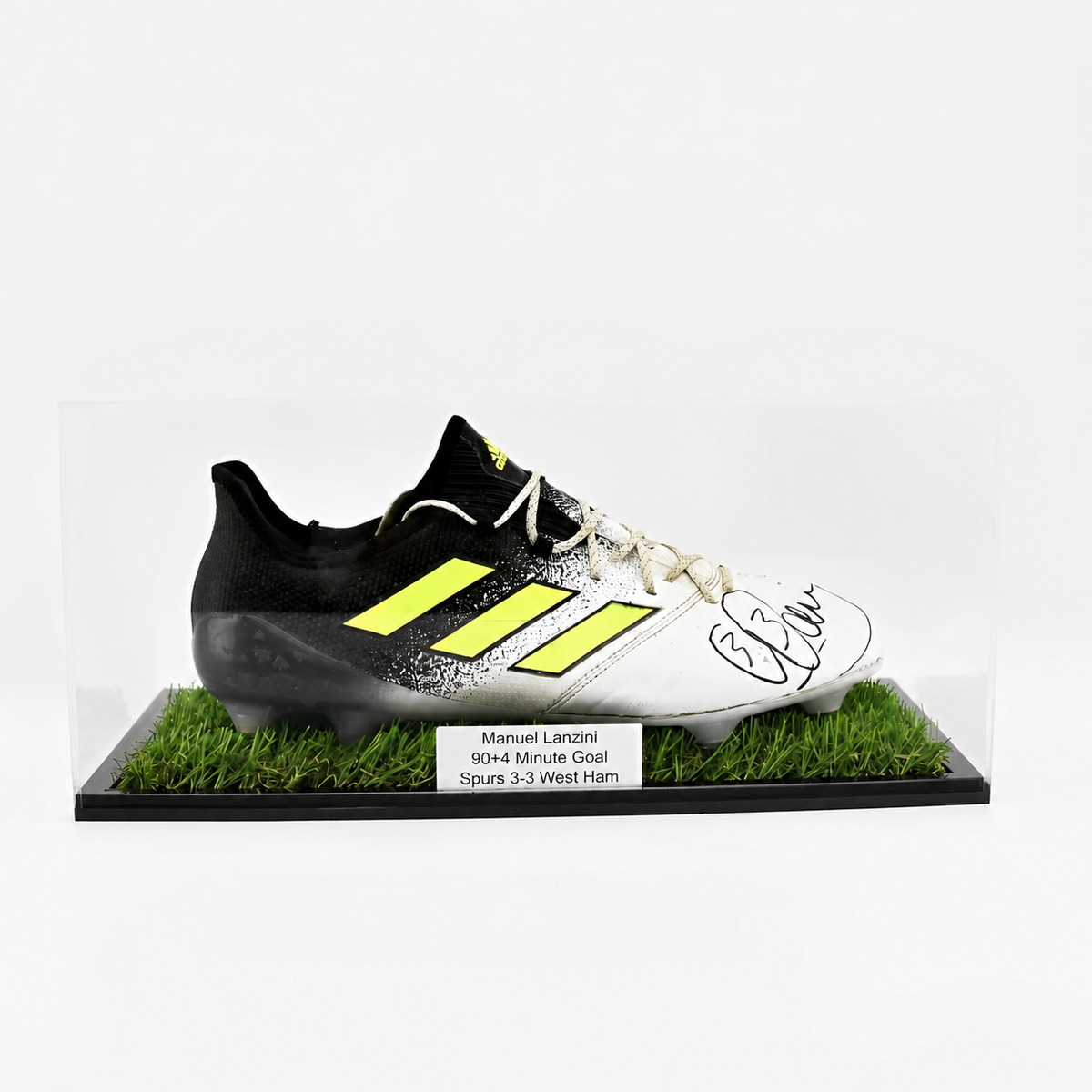 Football Boot Display Case (Single) - With Grass Effect Base with black acrylic base and green grass effect