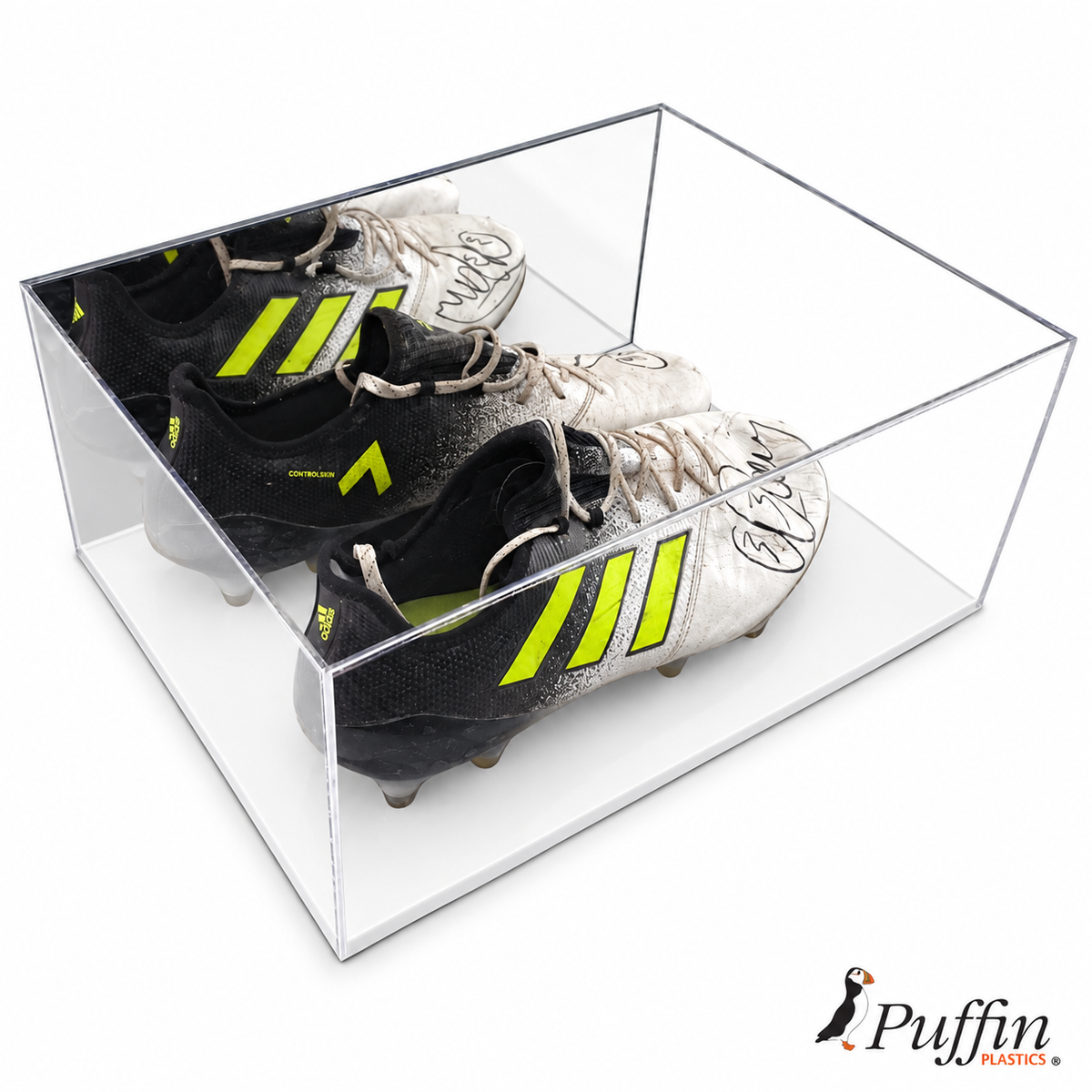 Trainer Display Case (Double) with mirror back and white acrylic base on a white background