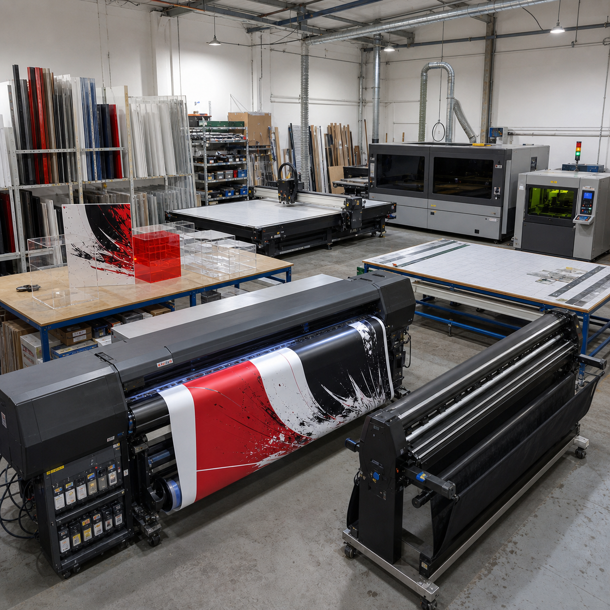 Puffin Plastics Hampshire workshop with large-format printing, cutting, CNC routing and laser machinery