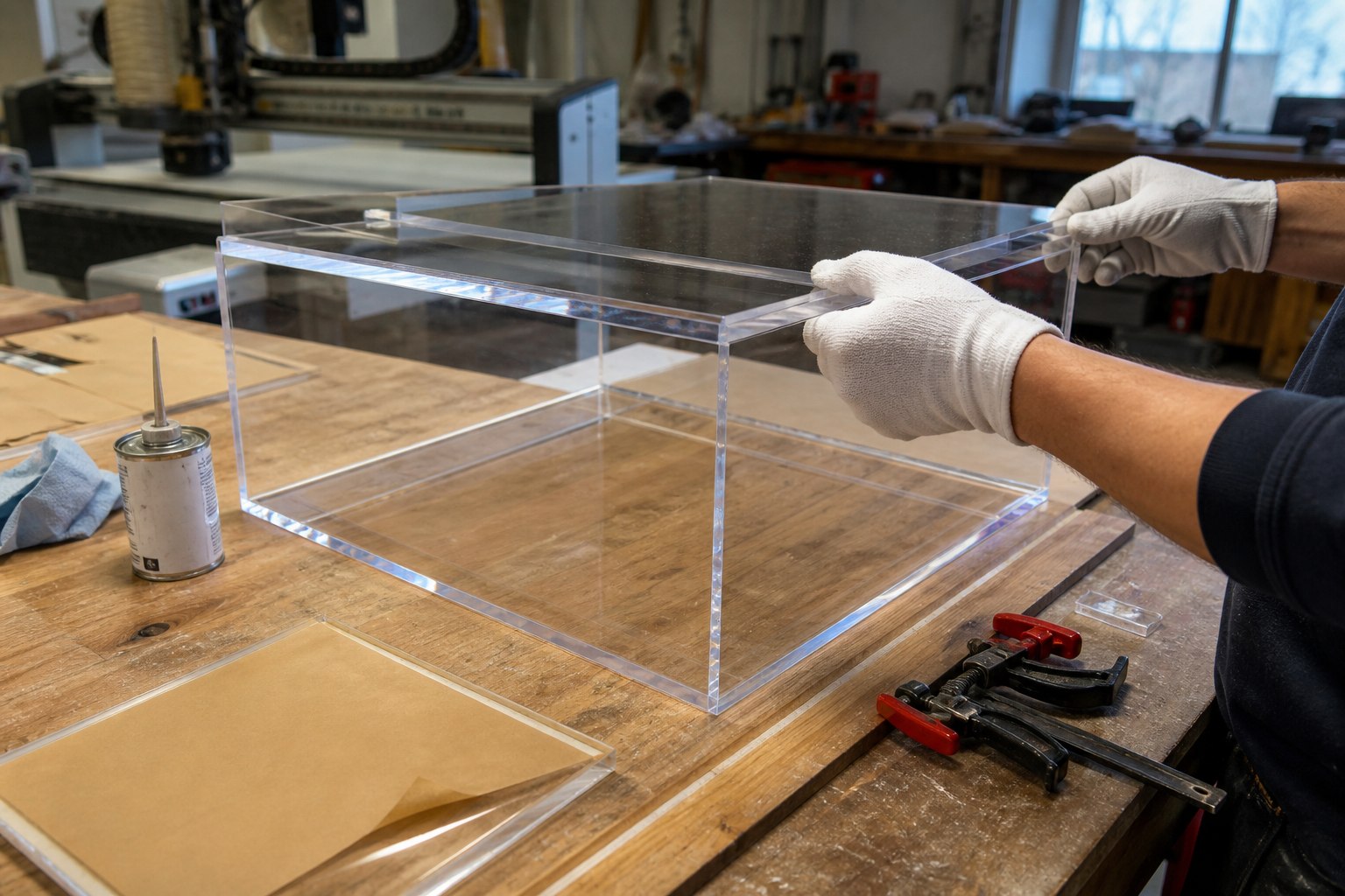 Clear acrylic display case being carefully assembled in a working fabrication workshop