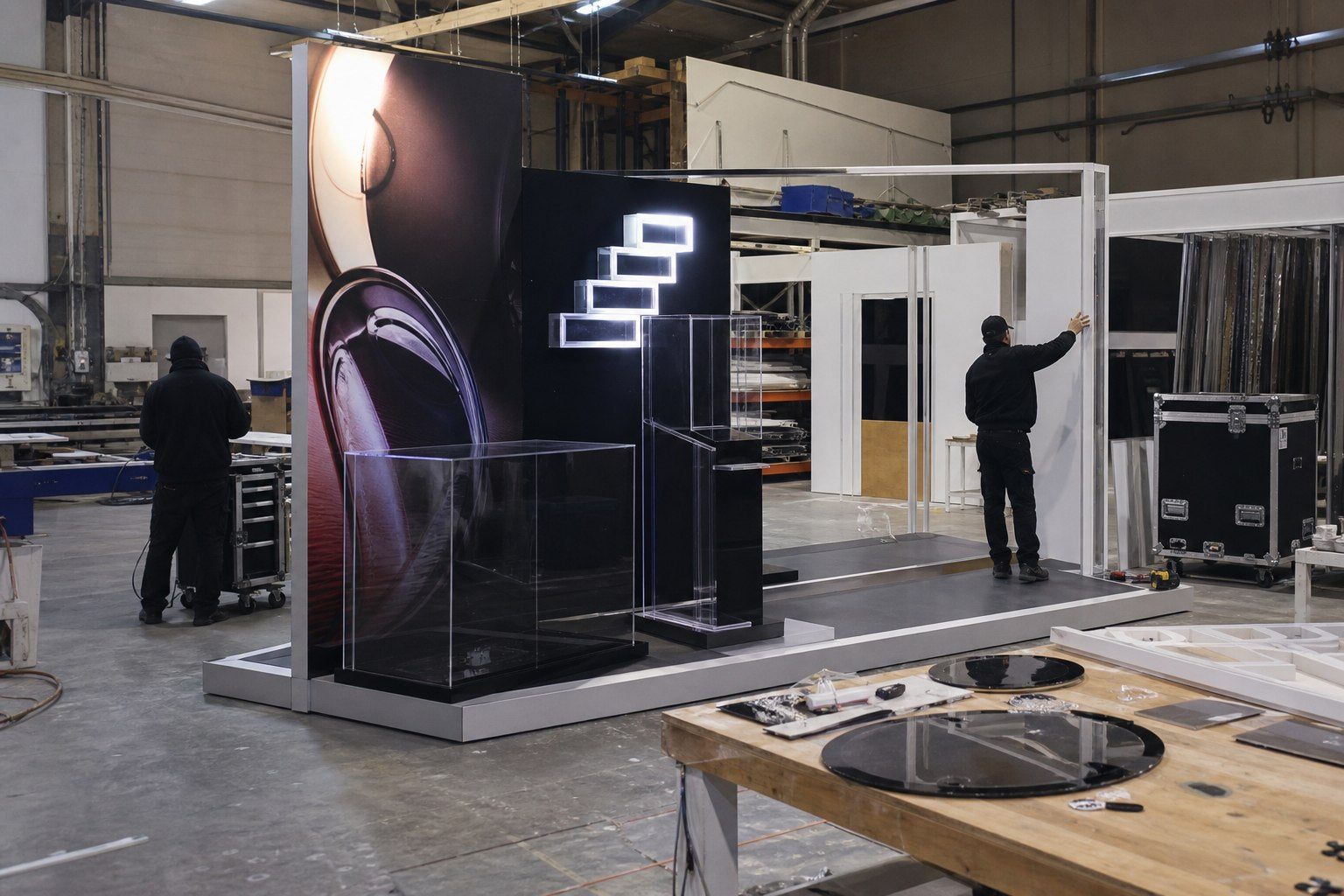 Creative exhibition display being test assembled in a professional production workshop