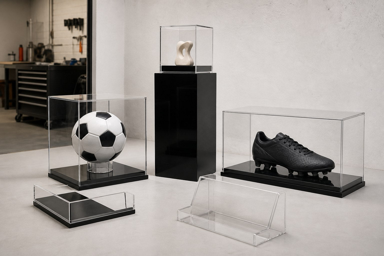 Collection of premium clear acrylic display cases and black plinths