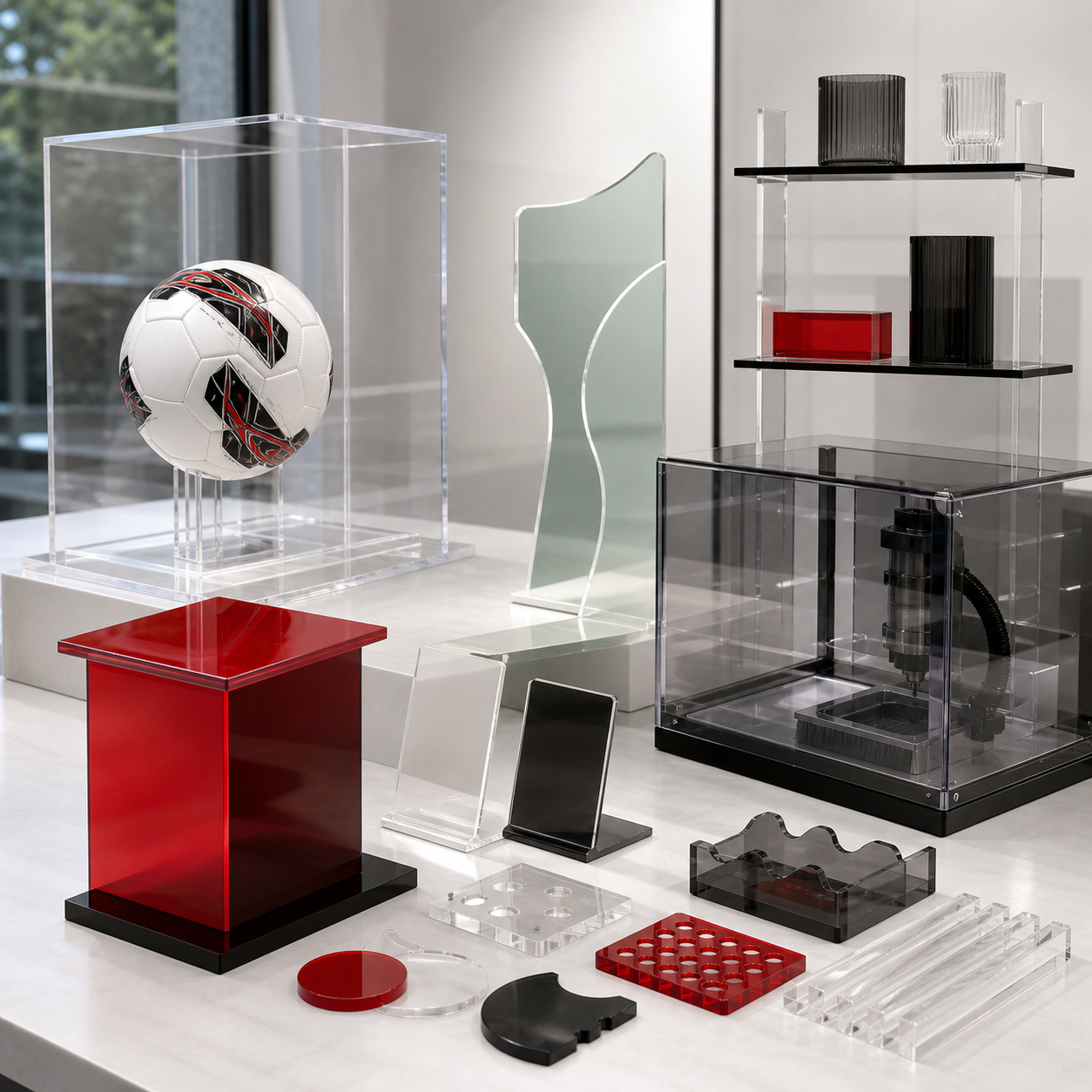 Display cases, plinths, shelving and precision-cut products made from recycled acrylic