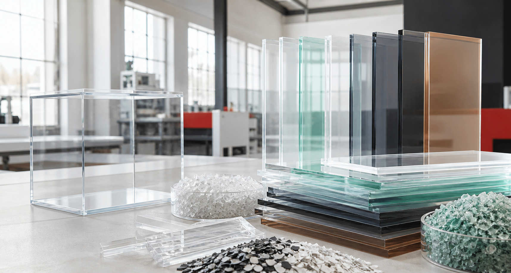 Recycled acrylic sheets, flakes and a finished clear acrylic display case